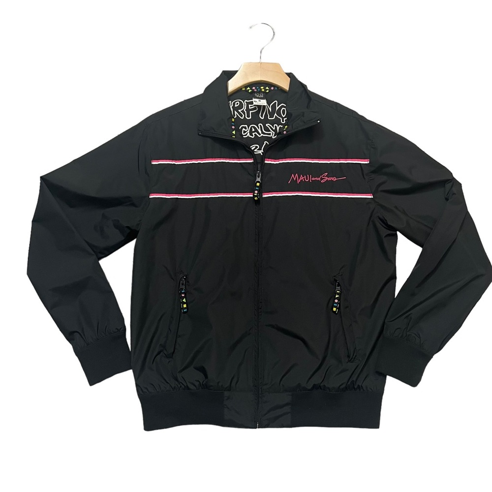 Vintage Y2K Maui and Sons Black  Windbreaker Jacket Full Zip SMALL Surfer Shark